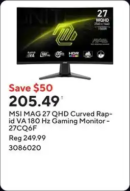 Staples MSI MAG 27 QHD Curved Rapid VA 180 Hz Gaming Monitor - 27CQ6F offer