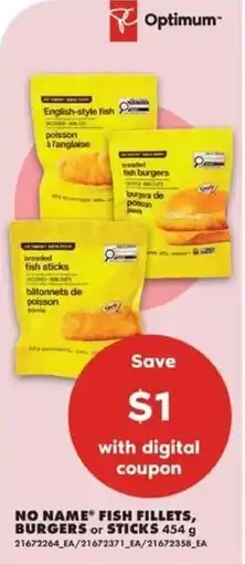 No Frills No Name fish fillets, burgers or sticks offer