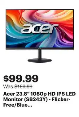 Best Buy Acer 23.8 1080p HD IPS LED Monitor (SB243Y) - Flicker-Free/Blue Light - 120Hz - Adaptive-Sync offer