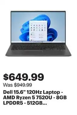 Best Buy Dell 15.6 120Hz Laptop - AMD Ryzen 5 7520U - 8GB LPDDR5 - 512GB SSD - Windows 11 Home - Carbon Black offer