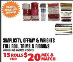 Len's Mill Stores SIMPLICITY, OFFRAY & WRIGHTS FULL ROLL TRIMS & RIBBONS offer