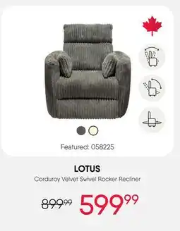 Meubles RD LOTUS Corduroy Velvet Swivel Rocker Recliner offer