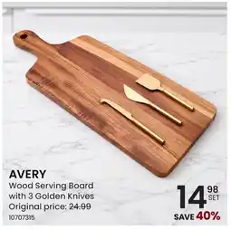 Stokes AVERY Wood Serving Board with 3 Golden Knives offer