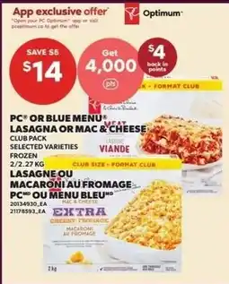 Loblaws Optimum PC or Blue Menu Lasagna or Mac & Cheese Club Pack offer