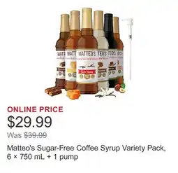 Costco Matteo's Sugar-Free Coffee Syrup Variety Pack, 6 × 750 mL + 1 pump offer