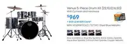 Long & McQuade Venus 5-Piece Drum Kit (22,10,12,16,SD) with Hardware and Cymbals - Steel Blue Metallic offer