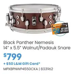 Long & McQuade Black Panther Nemesis 14 x 5.5 Walnut/Padauk Snare offer