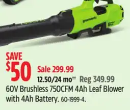 Canadian Tire 60V Brushless 750CFM 4Ah Leaf Blower with 4Ah Battery offer