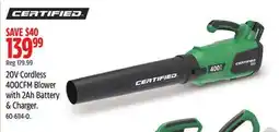 Canadian Tire CERTIFIED 20V Cordless 400CFM Blower with 2ah Battery & Charger offer