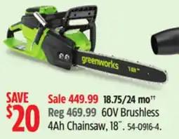 Canadian Tire 60V Brushless 4Ah Chainsaw, 18˝ offer