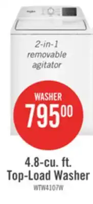 The Brick Whirlpool 4.8 Cu. Ft. Top Load Washer with 2-in-1 Removable Agitator - WTW4107SW offer