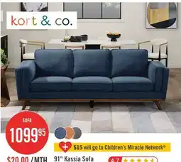 The Brick Kort & Co. Kassia 90.6 Linen-Look Fabric Sofa with Wood Base and Legs - Blue offer