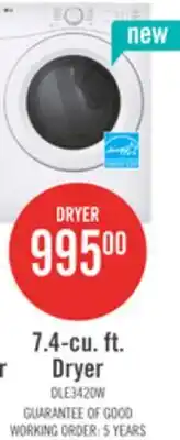 The Brick LG 7.4 Cu. Ft. Ultra Large Capacity Electric Dryer with AI Sensor Dry - DLE3420W offer