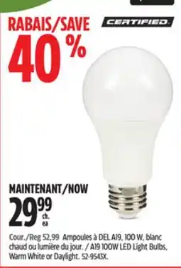 Canadian Tire A19 100W LED Light Bulbs, Warm White or Daylight offer