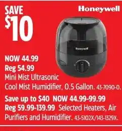 Canadian Tire Honeywell mini mist ultrasonic cool humidifier offer