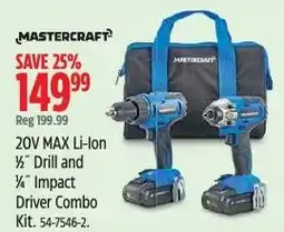 Canadian Tire Mastercraft 20V MAX Li-Ion 1/2" Drill and 1/4" Impact Driver Combo Kit offer