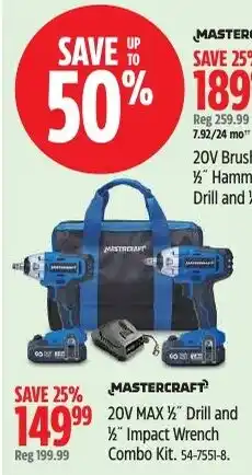 Canadian Tire Mastercraft 20V MAX 1/2" Drill and 1/2" Impact Wrench Combo Kit offer