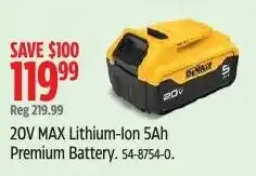 Canadian Tire DeWalt 20V MAX Lithium-Ion 5Ah Premium Battery offer
