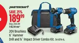 Canadian Tire Mastercraft 20V Brushless 1/2" Hammer Drill and 1/4" Impact Driver Combo Kit offer