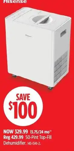 Canadian Tire Hisense 50-Pint Top-Fill Dehumidifier offer