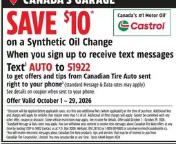 Canadian Tire Castrol synthetic oil change offer