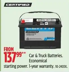 Canadian Tire Certified car & truck batteries offer