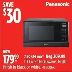 Canadian Tire Panasonic 7.50/24 cu ft microwave matte finish in black or white offer