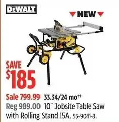 Canadian Tire DeWalt 10" Jobsite Table Saw with Rolling Stand 15A offer