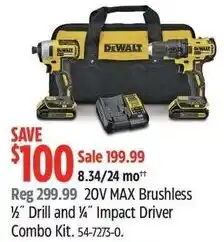 Canadian Tire DeWalt 20V MAX Brushless 1/4" Drill and 1/4" Impact Driver Combo Kit offer