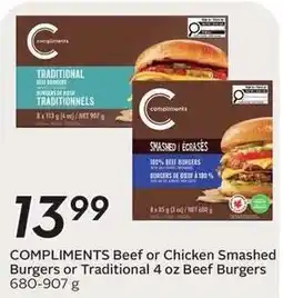 Sobeys Compliments Beef or Chicken Smashed Burgers or Traditional 4 oz Beef Burgers offer