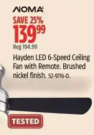 Canadian Tire Aoma hayden led 6-speed ceiling fan with remote. brushed nickel finish. offer