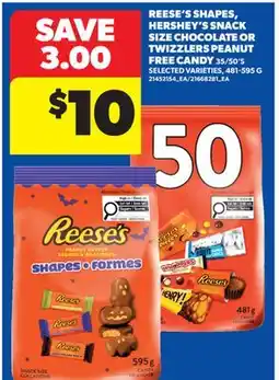 Real Canadian Superstore REESE'S SHAPES, HERSHEY'S SNACK SIZE CHOCOLATE OR TWIZZLERS PEANUT FREE CANDY, 35/50'S offer