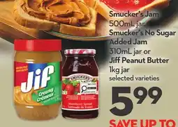 Longo's Smucker's Jam 500mL jar, Smucker's No Sugar Added Jam 310mL jar or Jif Peanut Butter 1kg jar offer