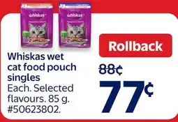 Walmart Whiskas wet cat food pouch singles offer