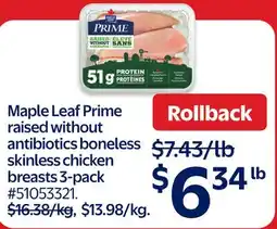 Walmart Maple Leaf Prime raised without antibiotics boneless skinless chicken breasts 3-pack offer