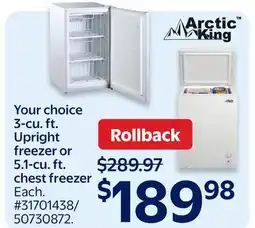 Walmart Arctic King 3-cu. ft. Upright freezer or 5.1-cu. ft. chest freezer offer