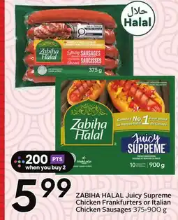 Sobeys Juicy Supreme Chicken Frankfurters or Italian Chicken Sausages offer
