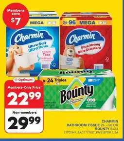 Wholesale Club CHARMIN BATHROOM TISSUE 24 - 96 OR BOUNTY 8-24 offer