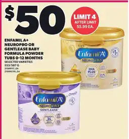 Loblaws ENFAMILA NEUROPRO OR GENTLEASE BABY FORMULA POWDER TUBS, 0-12 MONTHS, 553/587 G offer