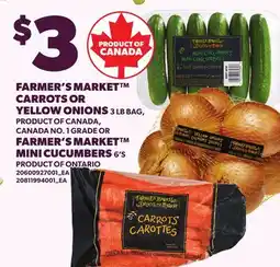 Loblaws FARMER'S MARKET CARROTS OR YELLOW ONIONS, 3 LB BAG OR FARMER'S MARKET MINI CUCUMBERS, 6'S offer