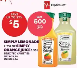 Loblaws SIMPLY LEMONADE, 2.25 L OR SIMPLY ORANGE JUICE, 1.36 L offer