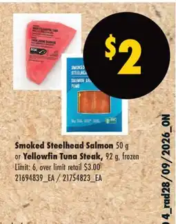 No Frills SMOKED STEELHEAD SALMON YELLOWFIN TUNA STEAK, 50 g or 92 g offer
