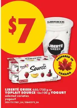 No Frills LIBERTÉ GREEK 650/750 g or YOPLAIT SOURCE 16x100 g YOGURT offer