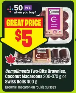 FreshCo Compliments Two-Bite Brownies, Coconut Macaroons 300-370 g or Swiss Rolls 400 g offer