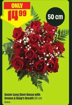 FreshCo Dozen Long Stem Roses with Greens & Baby's Breath 50 cm offer