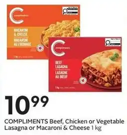 Sobeys Compliments Beef, Chicken or Vegetable Lasagna or Macaroni & Cheese 1 kg offer