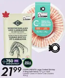 Sobeys Compliments Large Cooked Shrimp in Ring with Sauce or Wild Lobster Claws or Snow Crab Clusters offer