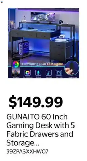Gunaito 60 inch gaming desk with 5 fabric drawers and storage