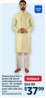 Walmart Dweep Sara men's green silk blend embroidered long kurta offer