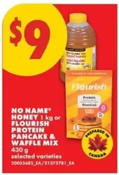 No Frills No Name honey 1 kg or flourish protein pancake & waffle mix offer